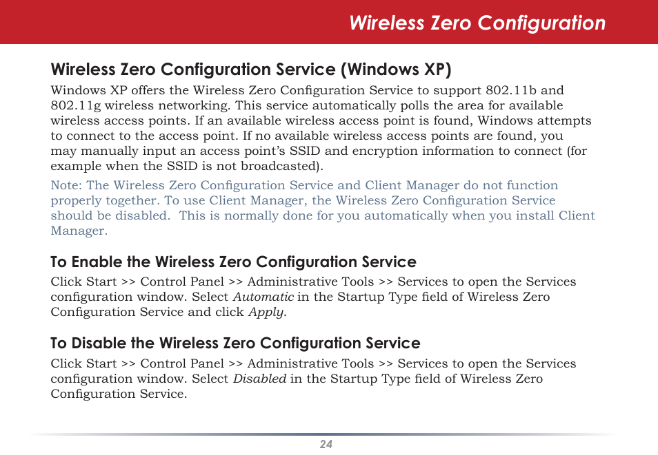 Wireless zero configuration, Wireless zero configuration service (windows xp) | Buffalo Technology WLI-CB-AG108HP User Manual | Page 24 / 43
