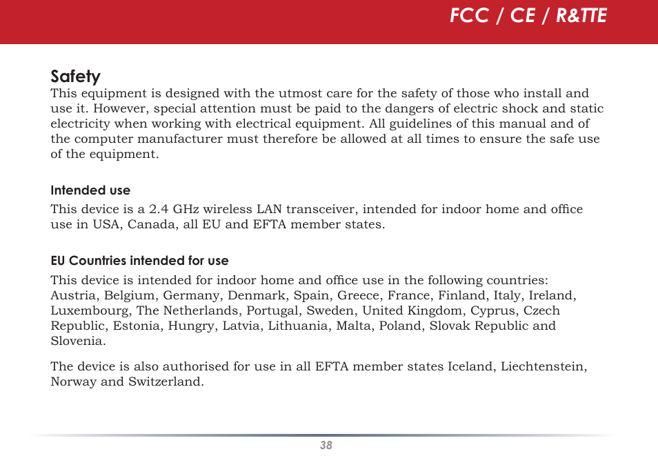 Fcc / ce / r&tte, Safety | Buffalo Technology WLI-CB-AG108HP User Manual | Page 38 / 43