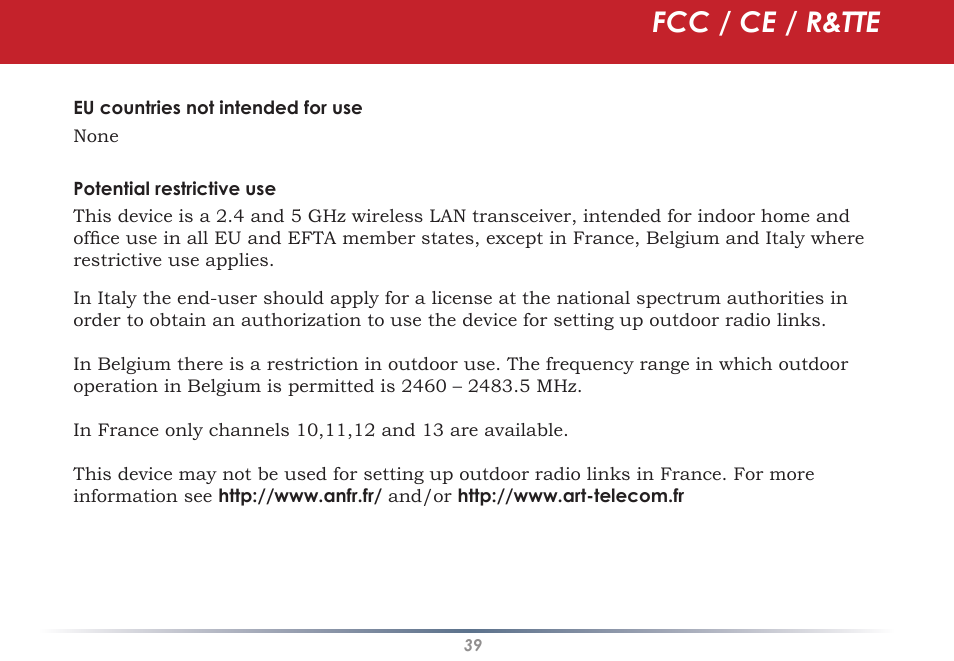 Fcc / ce / r&tte | Buffalo Technology WLI-CB-AG108HP User Manual | Page 39 / 43