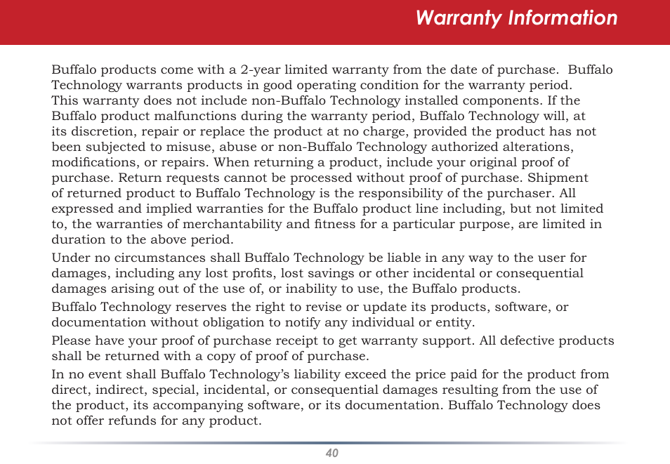 Warranty information | Buffalo Technology WLI-CB-AG108HP User Manual | Page 40 / 43
