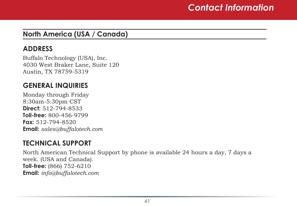 Contact information | Buffalo Technology WLI-CB-AG108HP User Manual | Page 41 / 43