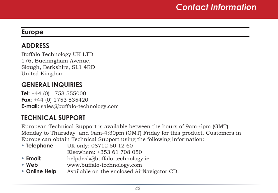 Contact information | Buffalo Technology WLI-CB-AG108HP User Manual | Page 42 / 43
