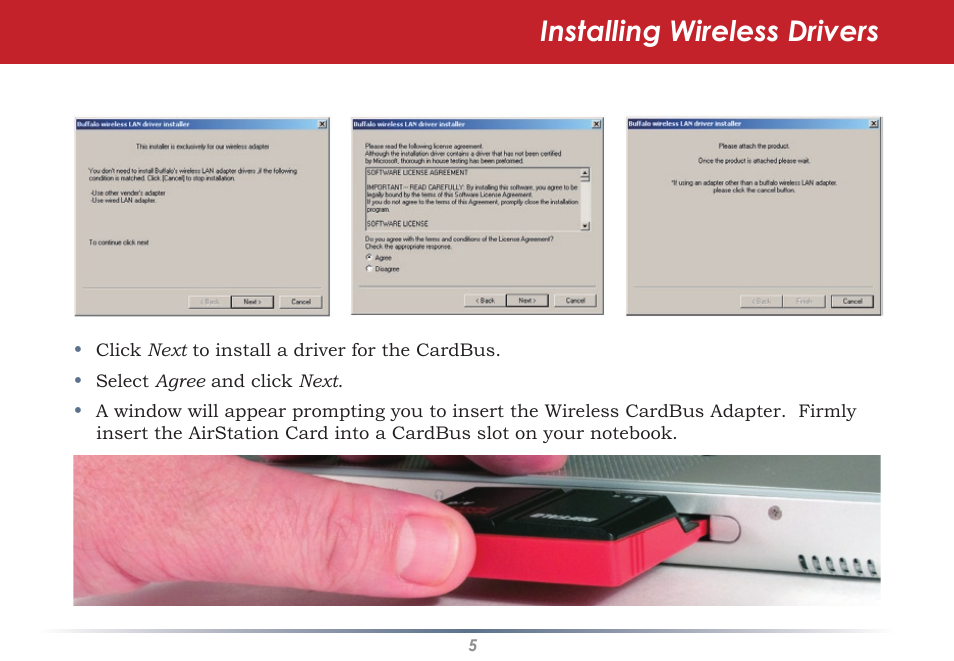Installing wireless drivers | Buffalo Technology WLI-CB-AG108HP User Manual | Page 5 / 43
