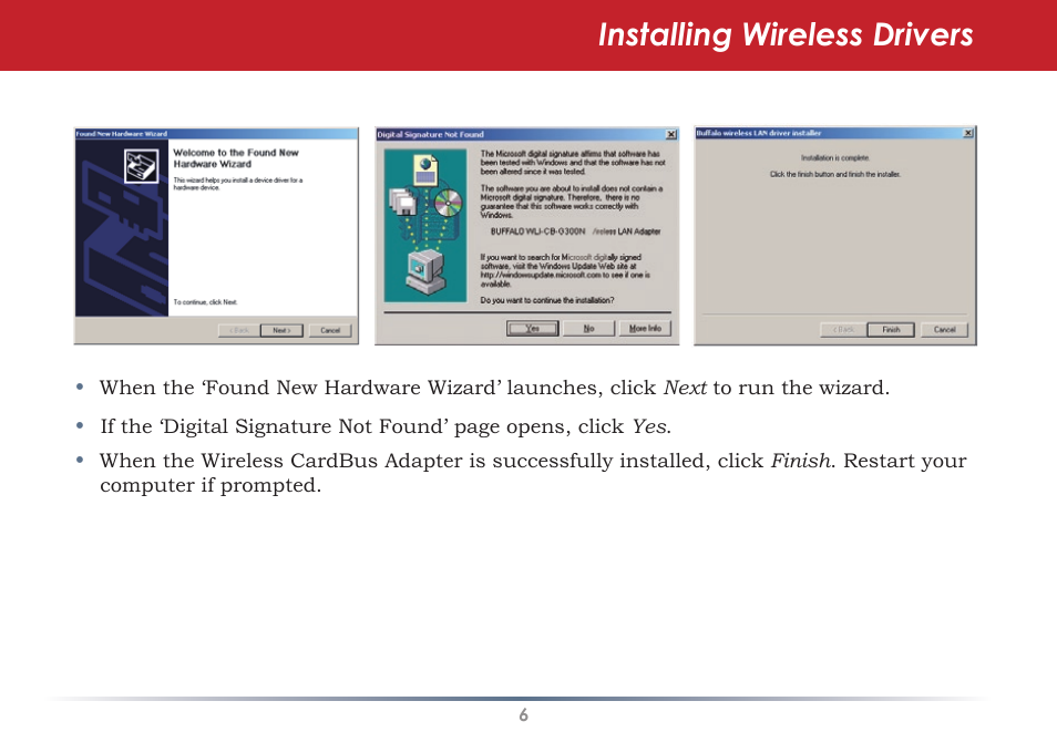 Installing wireless drivers | Buffalo Technology WLI-CB-AG108HP User Manual | Page 6 / 43