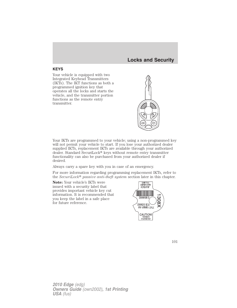 Locks and security, Keys | FORD 2010 Edge v.1 User Manual | Page 101 / 328