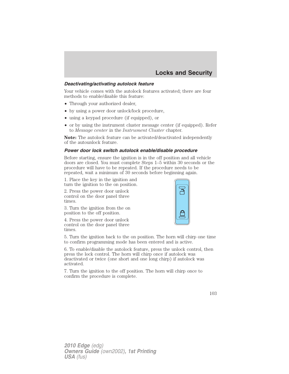 Deactivating/activating autolock feature, Locks and security | FORD 2010 Edge v.1 User Manual | Page 103 / 328