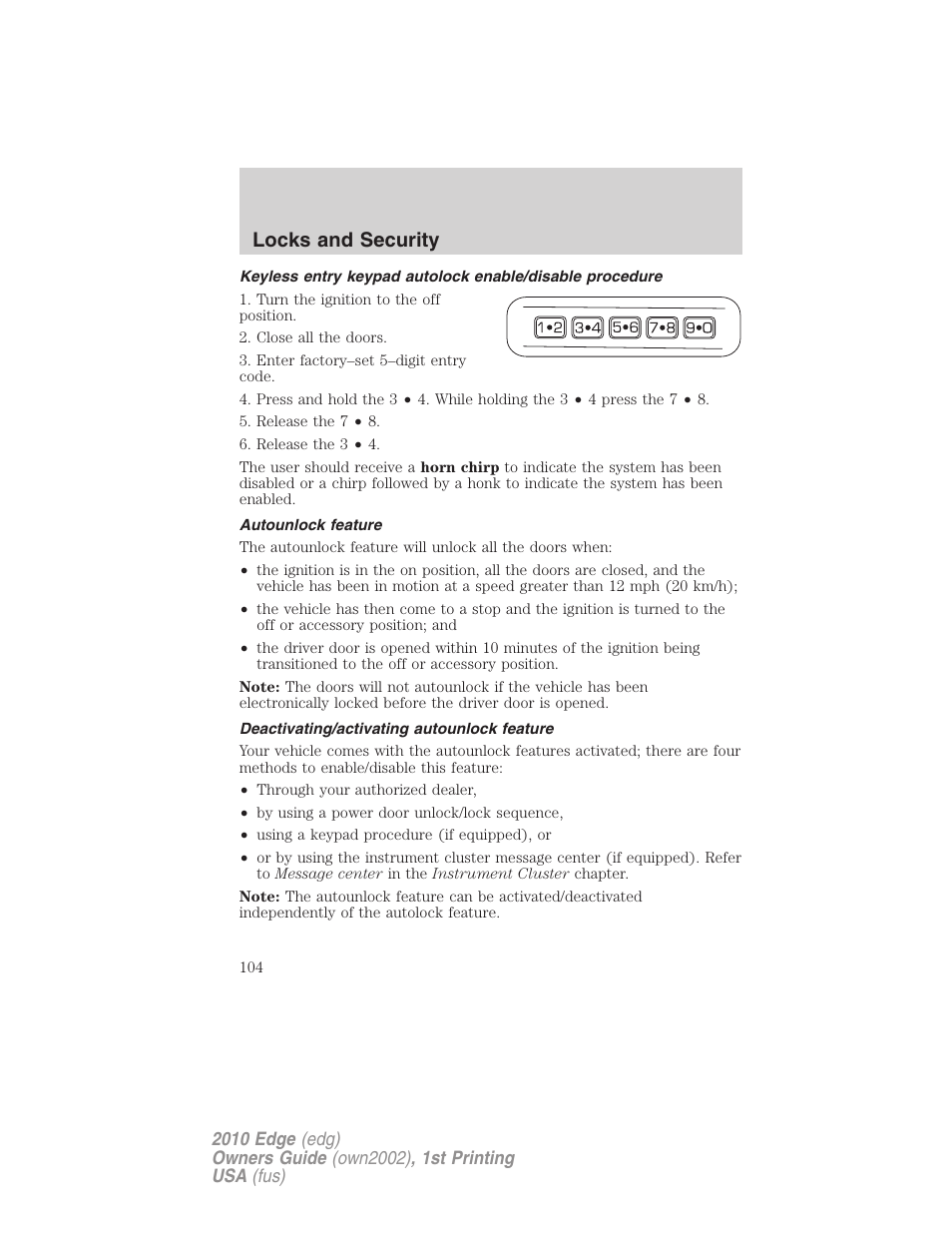 Autounlock feature, Deactivating/activating autounlock feature, Locks and security | FORD 2010 Edge v.1 User Manual | Page 104 / 328