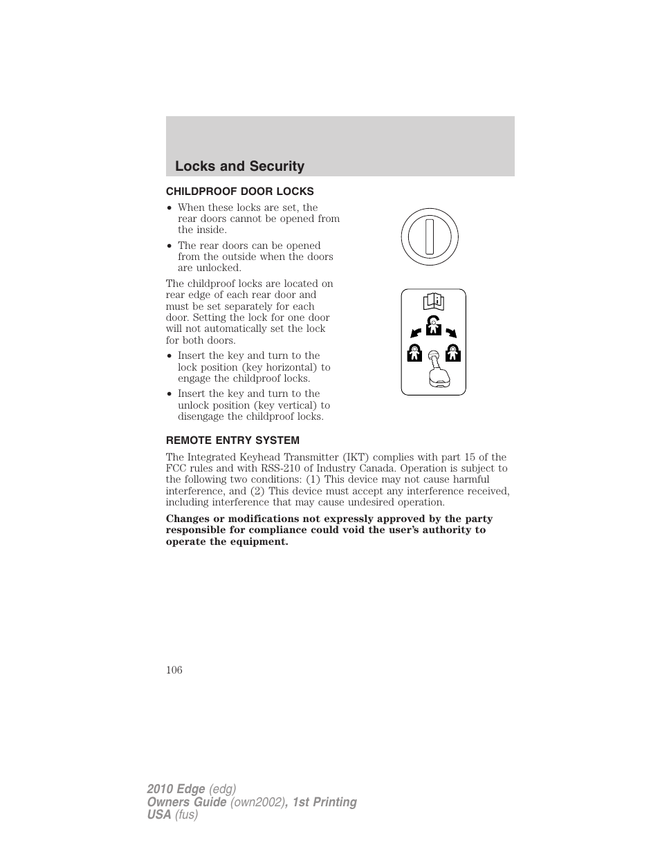 Childproof door locks, Remote entry system, Locks and security | FORD 2010 Edge v.1 User Manual | Page 106 / 328