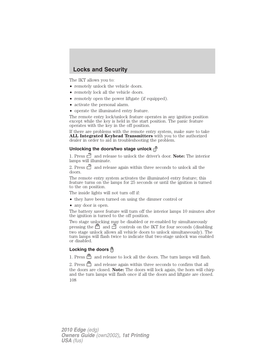 Unlocking the doors/two stage unlock, Locking the doors, Locks and security | FORD 2010 Edge v.1 User Manual | Page 108 / 328