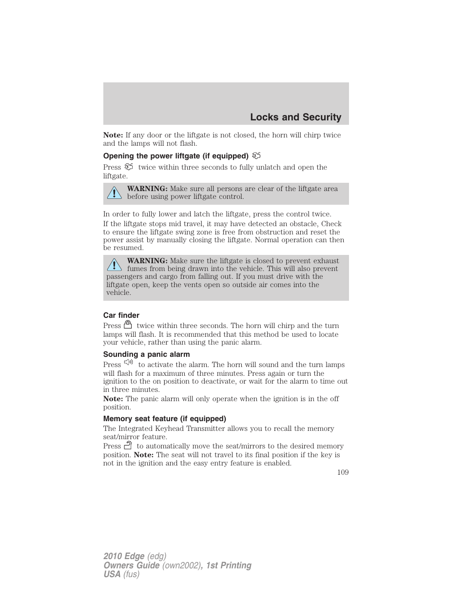 Opening the power liftgate (if equipped), Car finder, Sounding a panic alarm | Memory seat feature (if equipped), Locks and security | FORD 2010 Edge v.1 User Manual | Page 109 / 328