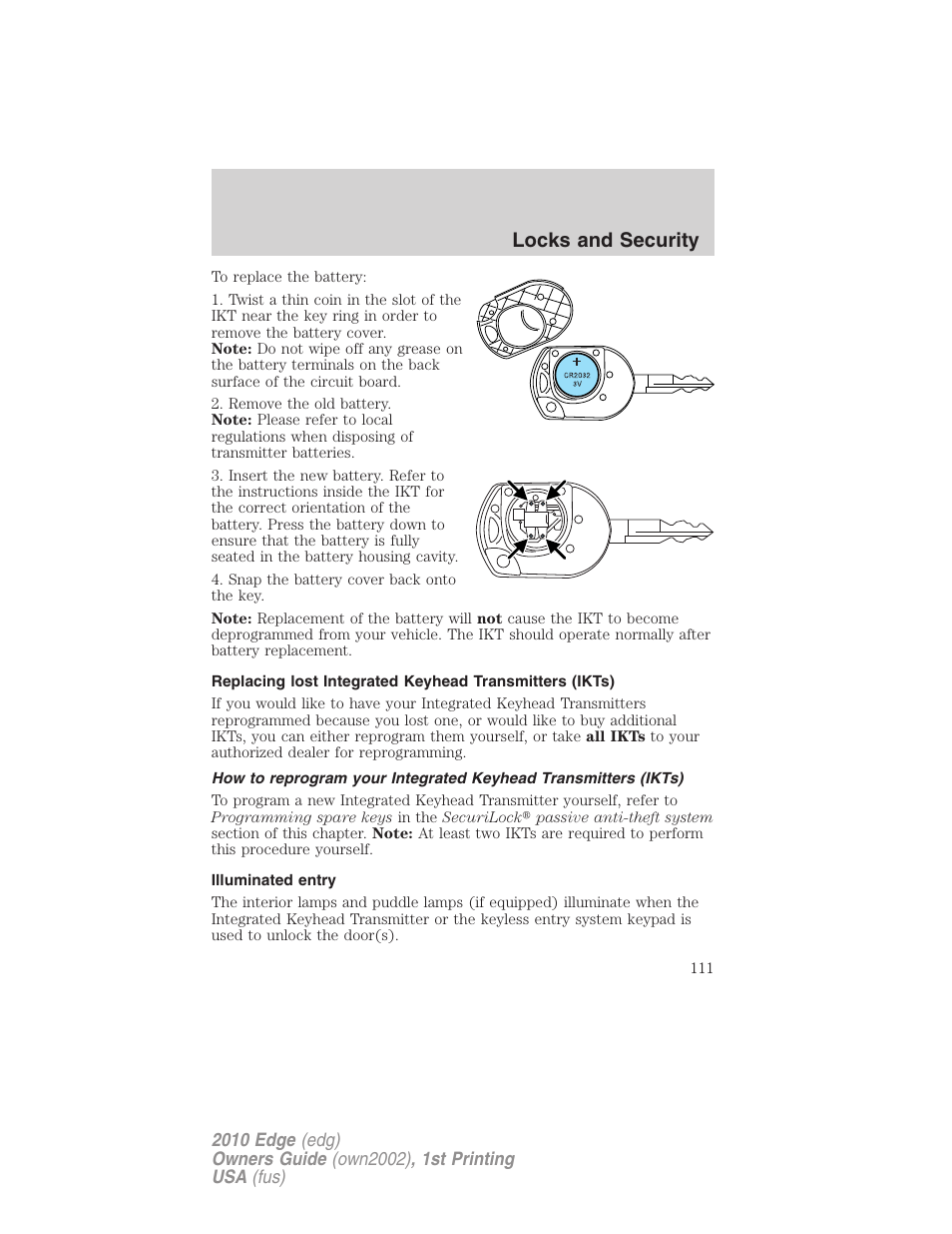 Illuminated entry, Locks and security | FORD 2010 Edge v.1 User Manual | Page 111 / 328