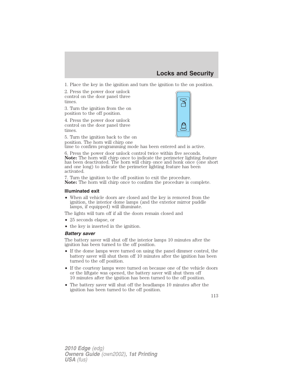 Illuminated exit, Battery saver, Locks and security | FORD 2010 Edge v.1 User Manual | Page 113 / 328