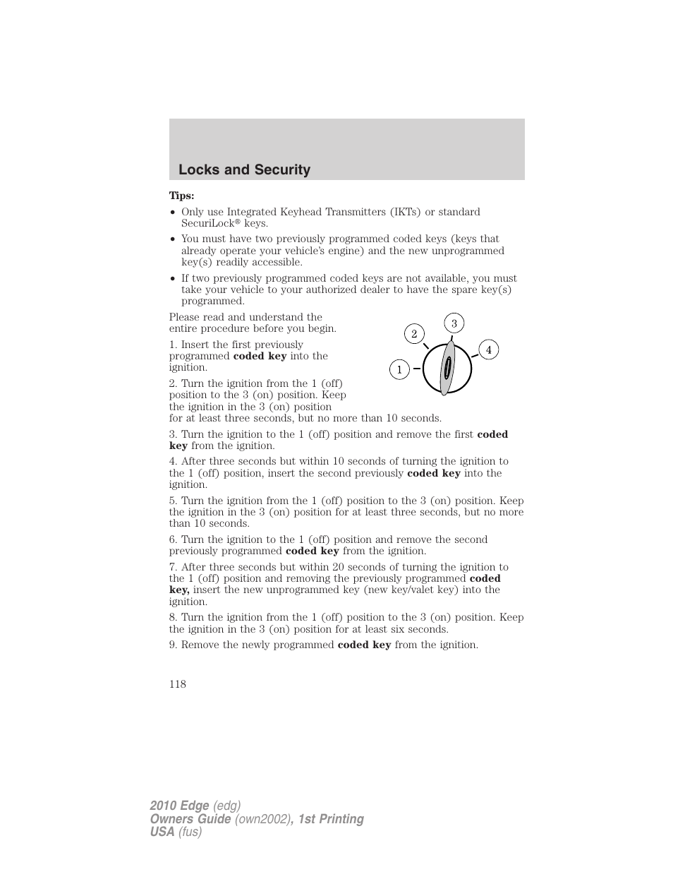 Locks and security | FORD 2010 Edge v.1 User Manual | Page 118 / 328