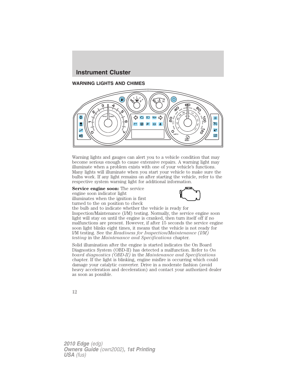 Instrument cluster, Warning lights and chimes | FORD 2010 Edge v.1 User Manual | Page 12 / 328