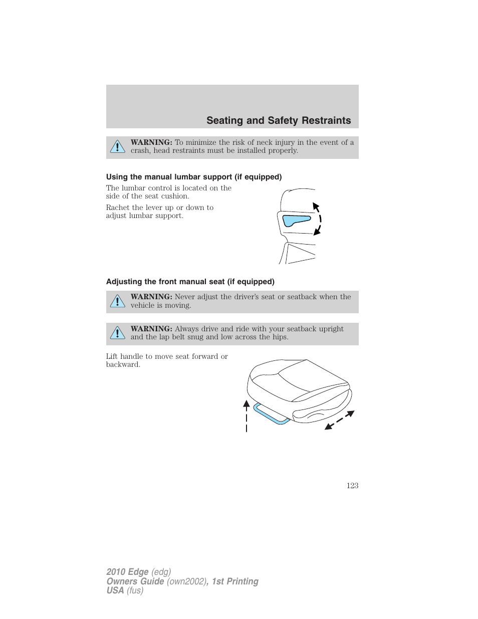 Using the manual lumbar support (if equipped), Adjusting the front manual seat (if equipped), Seating and safety restraints | FORD 2010 Edge v.1 User Manual | Page 123 / 328