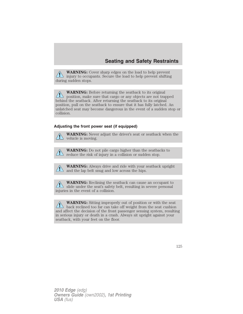 Adjusting the front power seat (if equipped), Seating and safety restraints | FORD 2010 Edge v.1 User Manual | Page 125 / 328