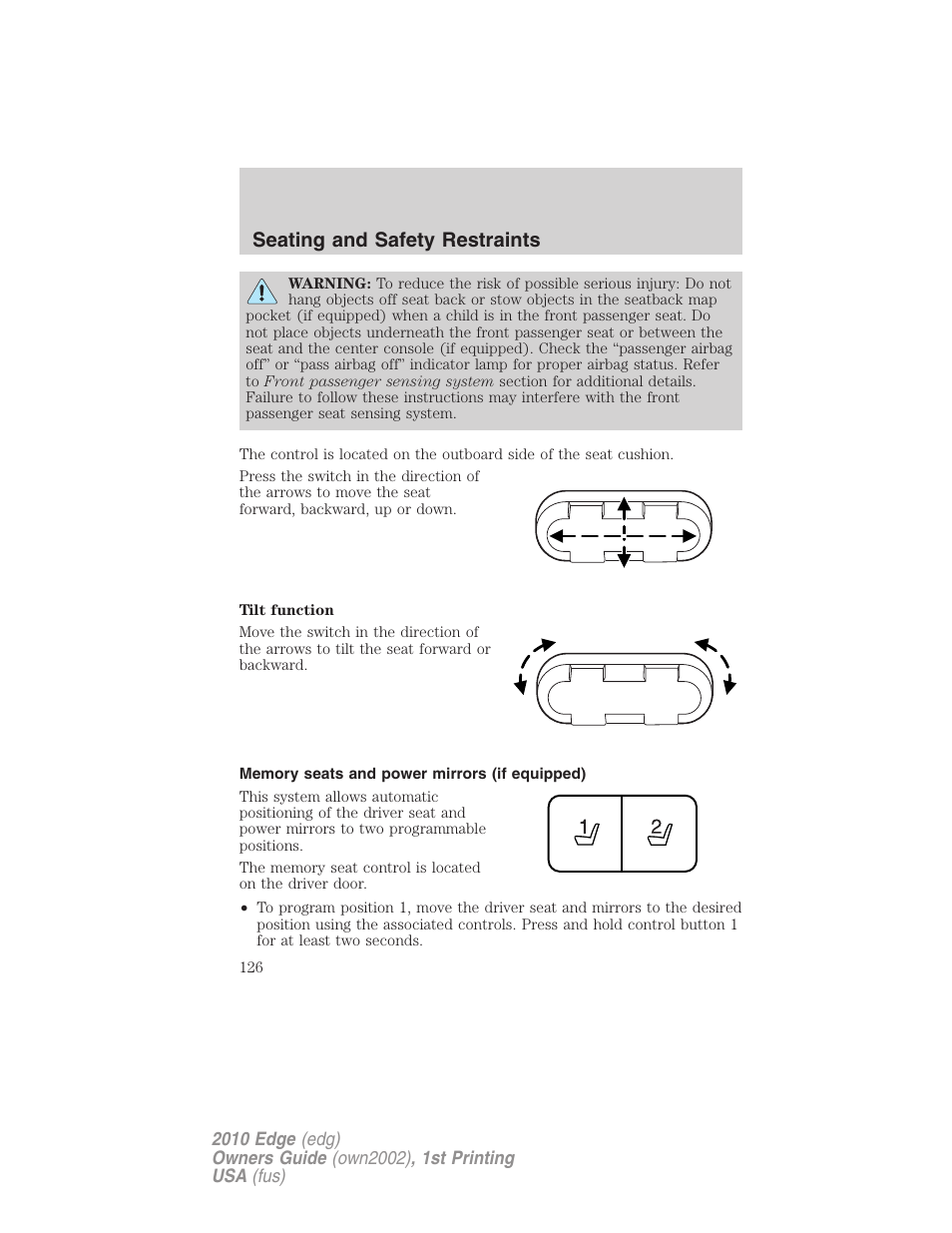 Memory seats and power mirrors (if equipped), Seating and safety restraints | FORD 2010 Edge v.1 User Manual | Page 126 / 328