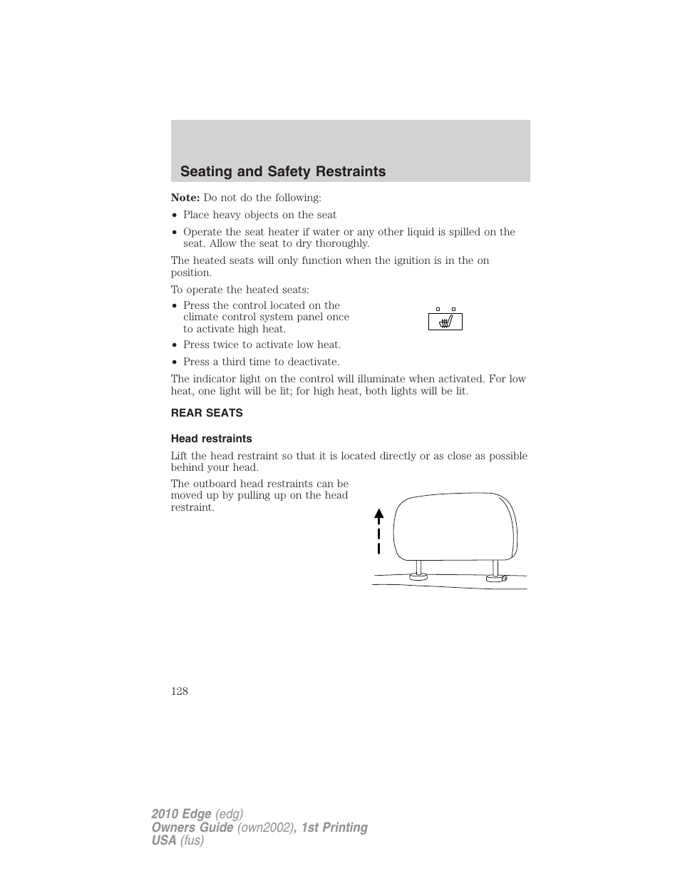 Rear seats, Head restraints, Seating and safety restraints | FORD 2010 Edge v.1 User Manual | Page 128 / 328