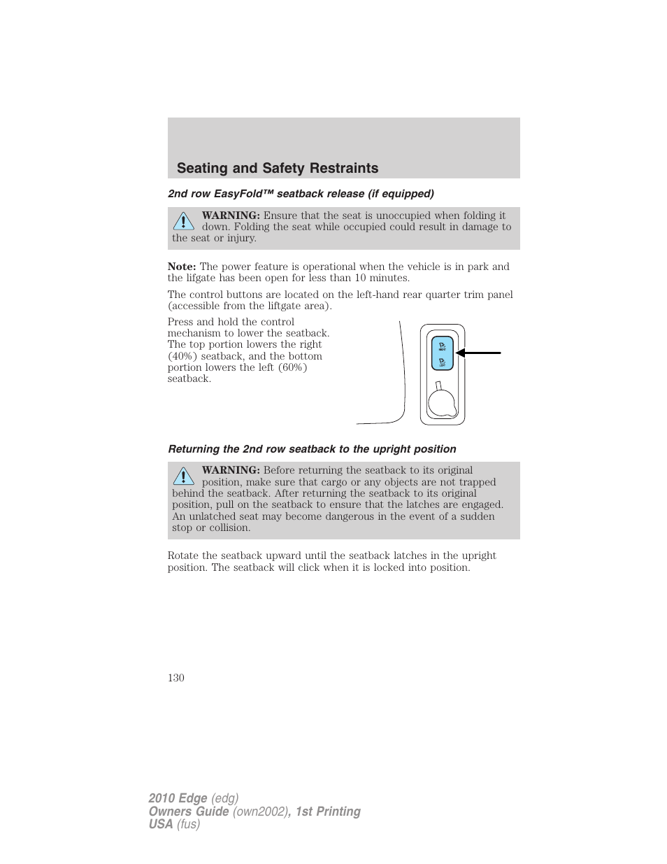 2nd row easyfold™ seatback release (if equipped), Seating and safety restraints | FORD 2010 Edge v.1 User Manual | Page 130 / 328