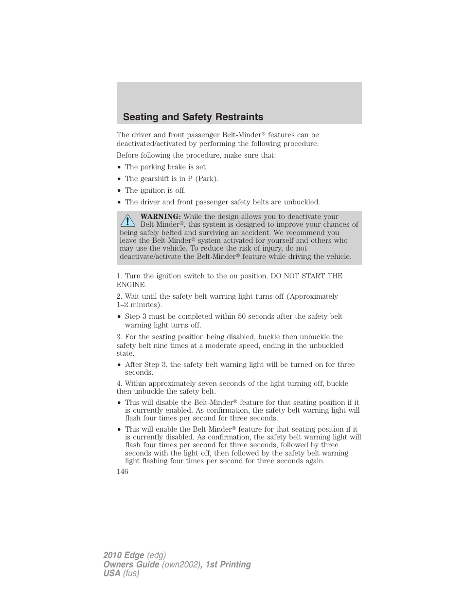 Seating and safety restraints | FORD 2010 Edge v.1 User Manual | Page 146 / 328