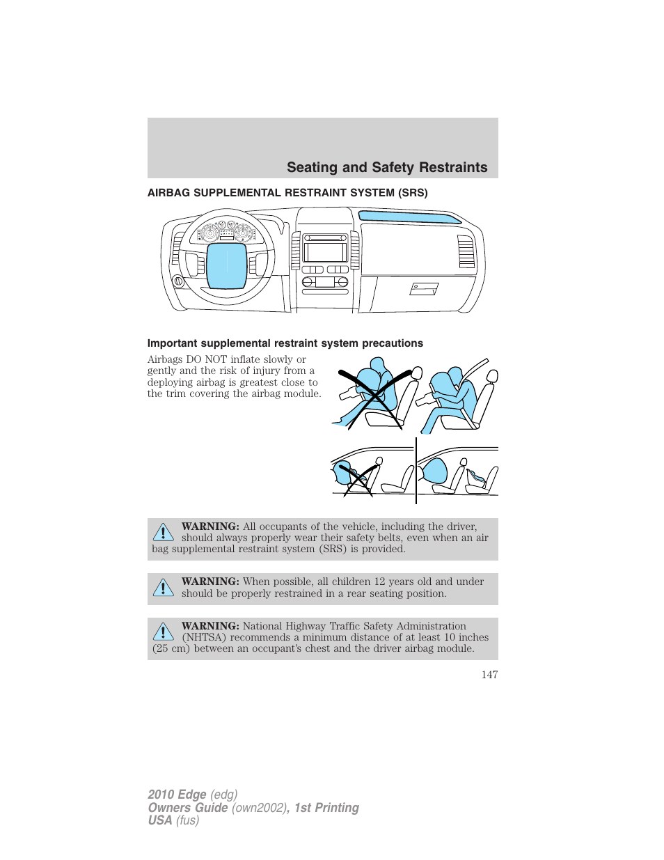Airbag supplemental restraint system (srs), Airbags, Seating and safety restraints | FORD 2010 Edge v.1 User Manual | Page 147 / 328