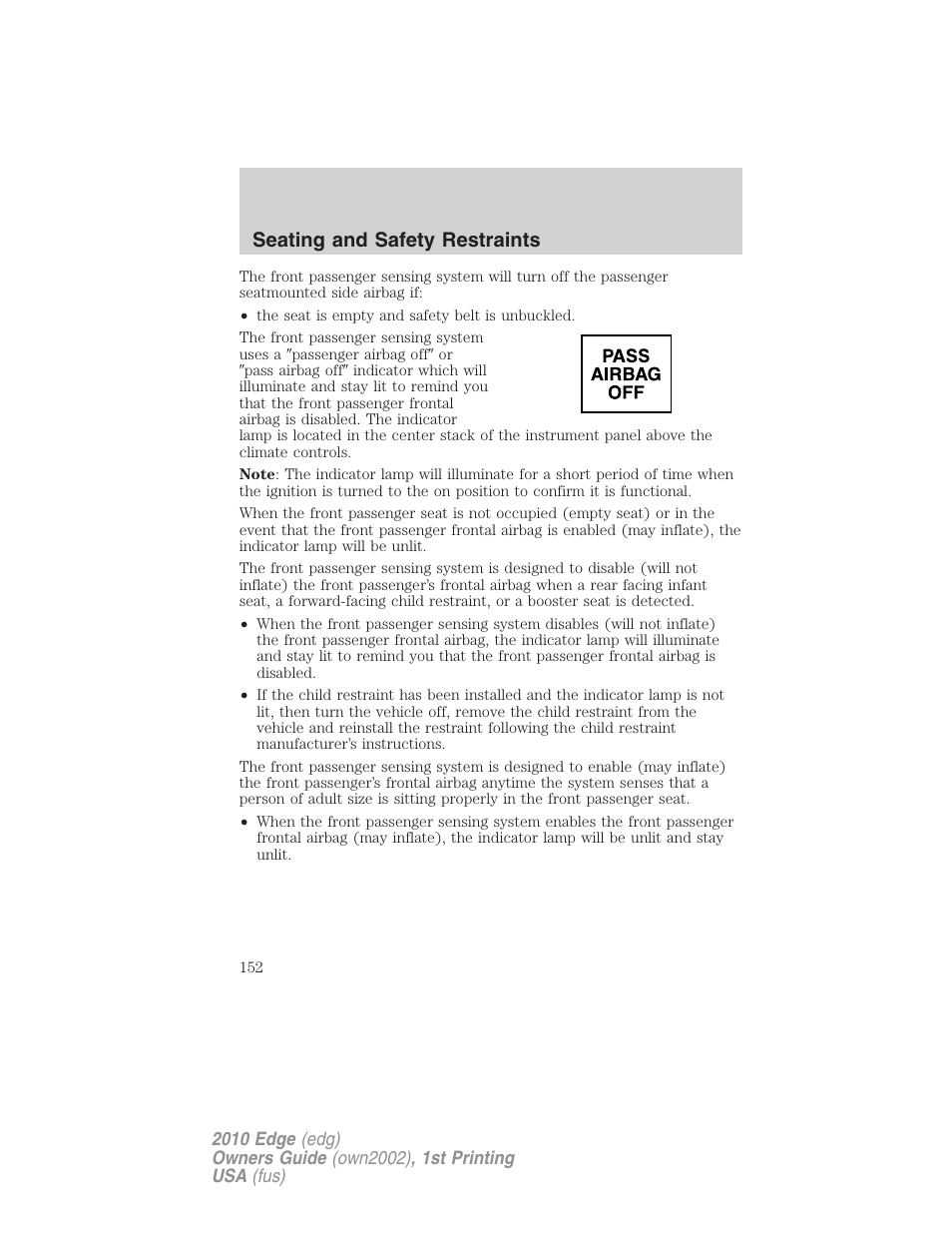 Seating and safety restraints | FORD 2010 Edge v.1 User Manual | Page 152 / 328