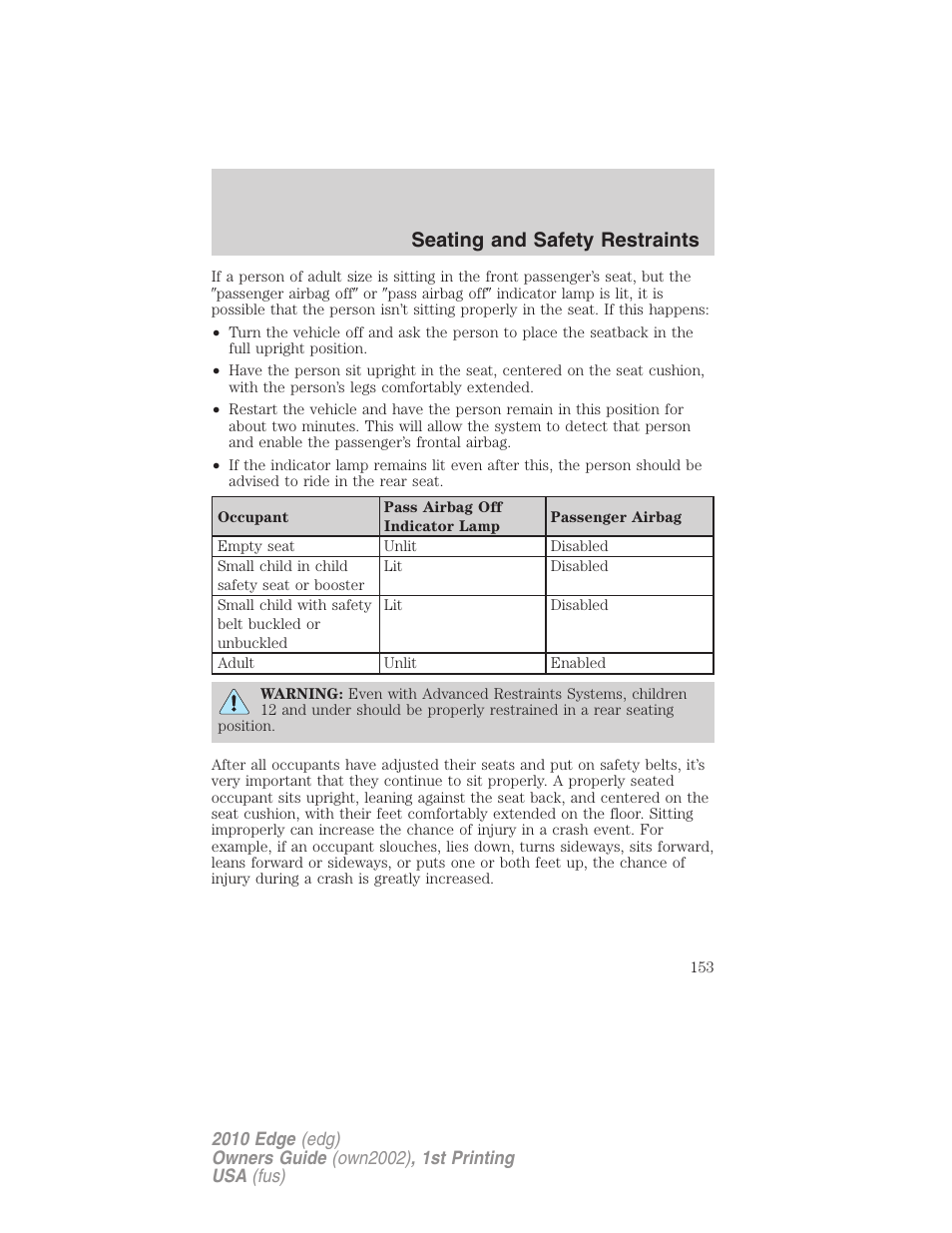 Seating and safety restraints | FORD 2010 Edge v.1 User Manual | Page 153 / 328