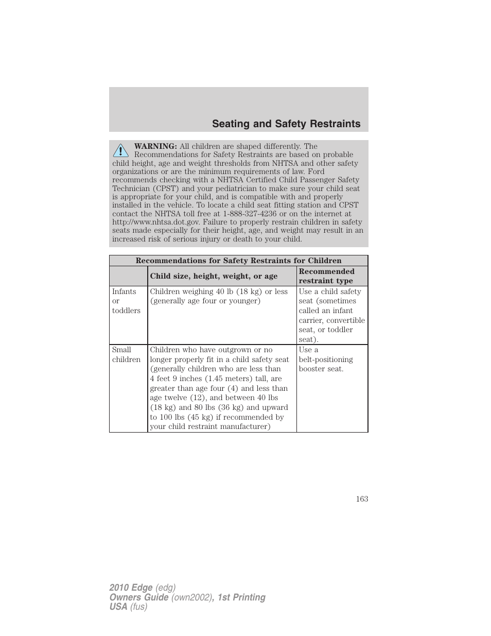Seating and safety restraints | FORD 2010 Edge v.1 User Manual | Page 163 / 328