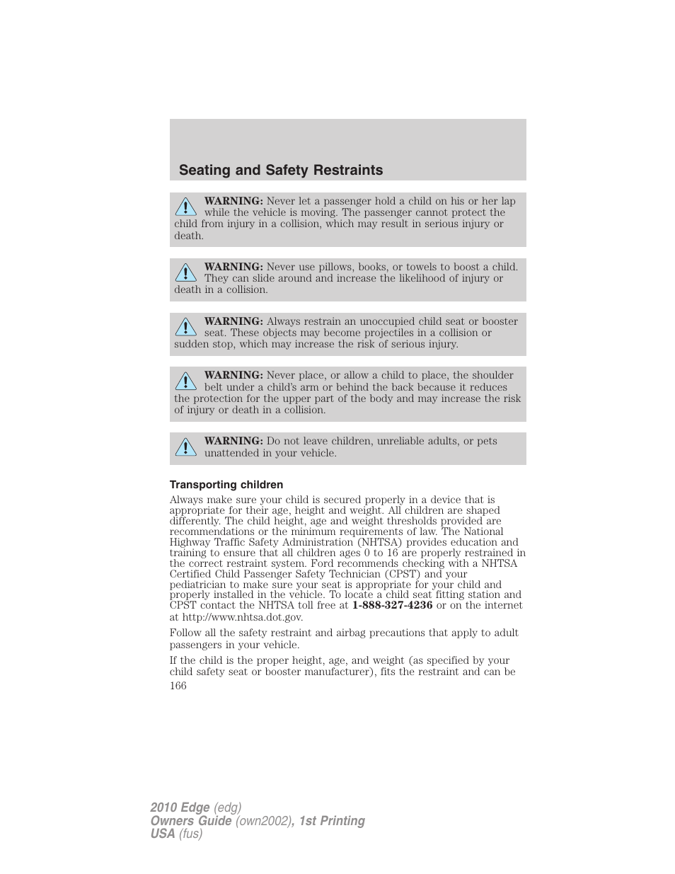 Transporting children, Seating and safety restraints | FORD 2010 Edge v.1 User Manual | Page 166 / 328