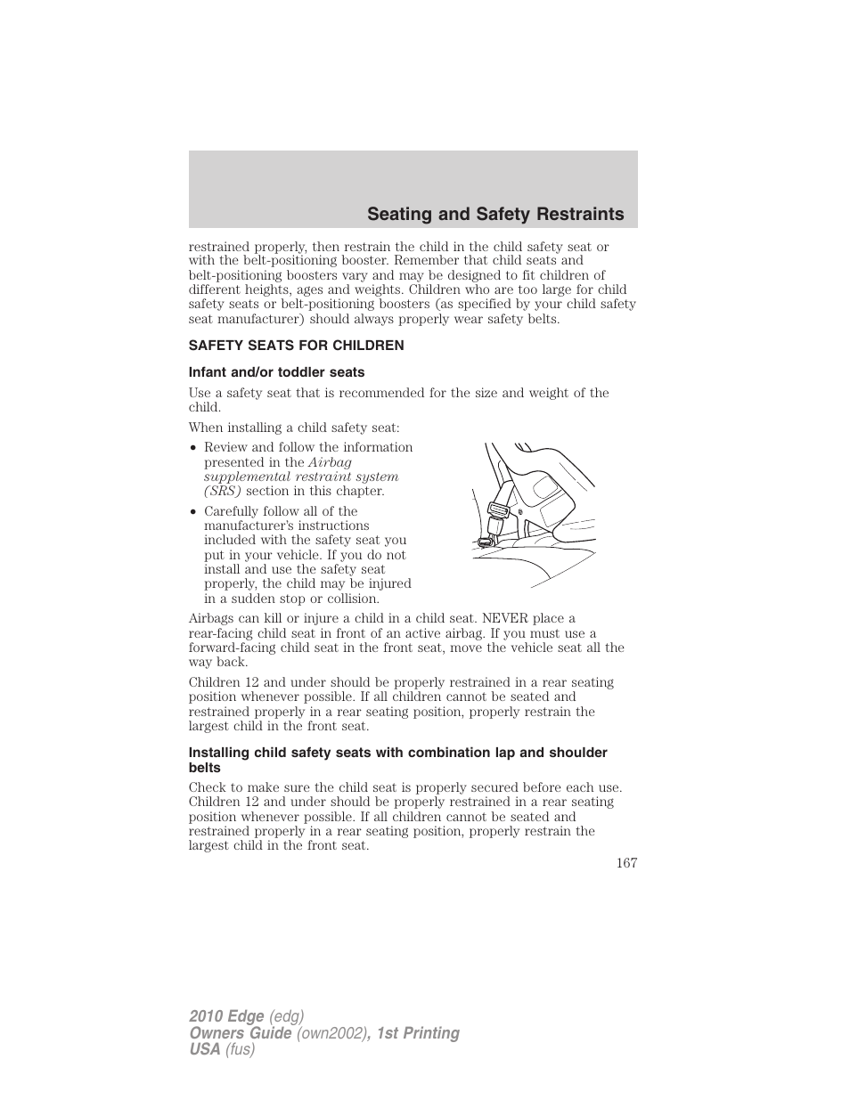 Safety seats for children, Infant and/or toddler seats, Seating and safety restraints | FORD 2010 Edge v.1 User Manual | Page 167 / 328