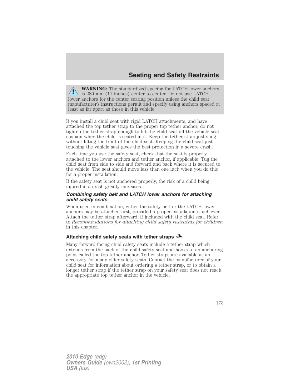 Attaching child safety seats with tether straps, Seating and safety restraints | FORD 2010 Edge v.1 User Manual | Page 173 / 328