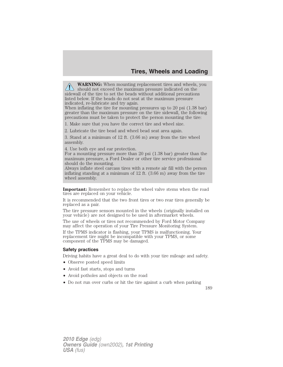 Safety practices, Tires, wheels and loading | FORD 2010 Edge v.1 User Manual | Page 189 / 328