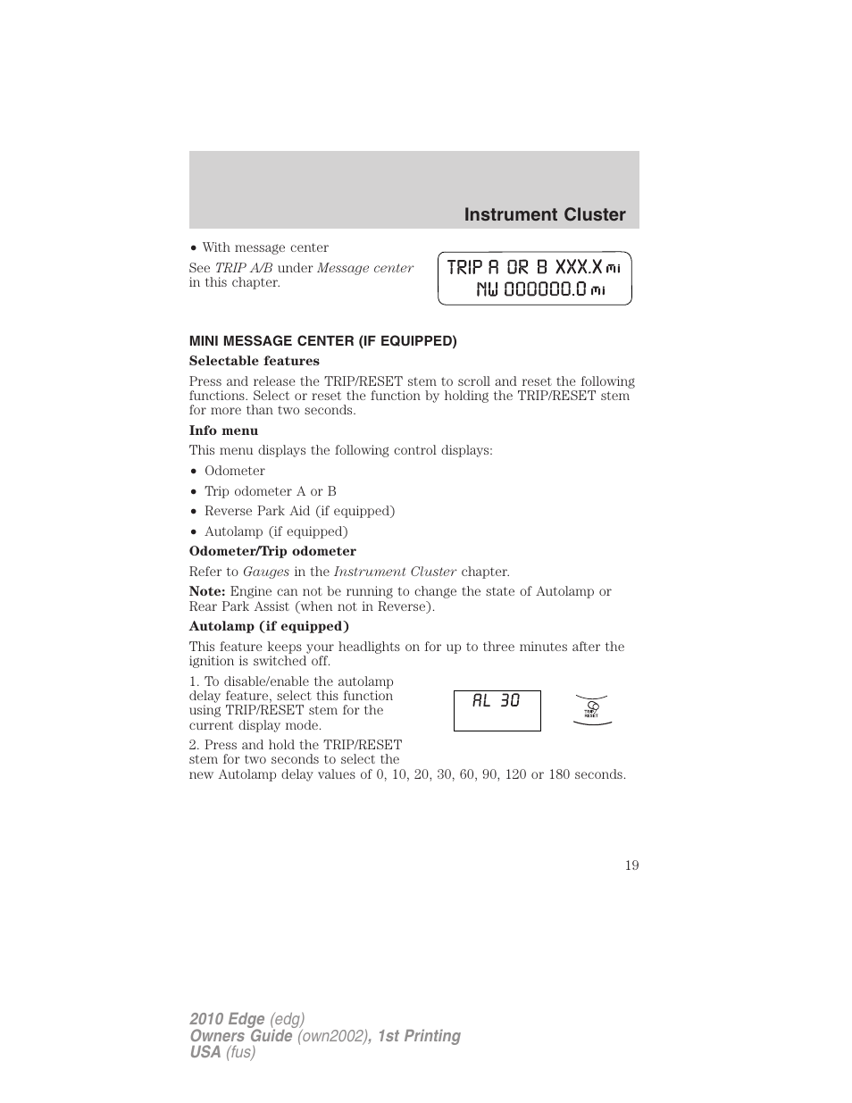 Mini message center (if equipped), Message center, Instrument cluster | FORD 2010 Edge v.1 User Manual | Page 19 / 328