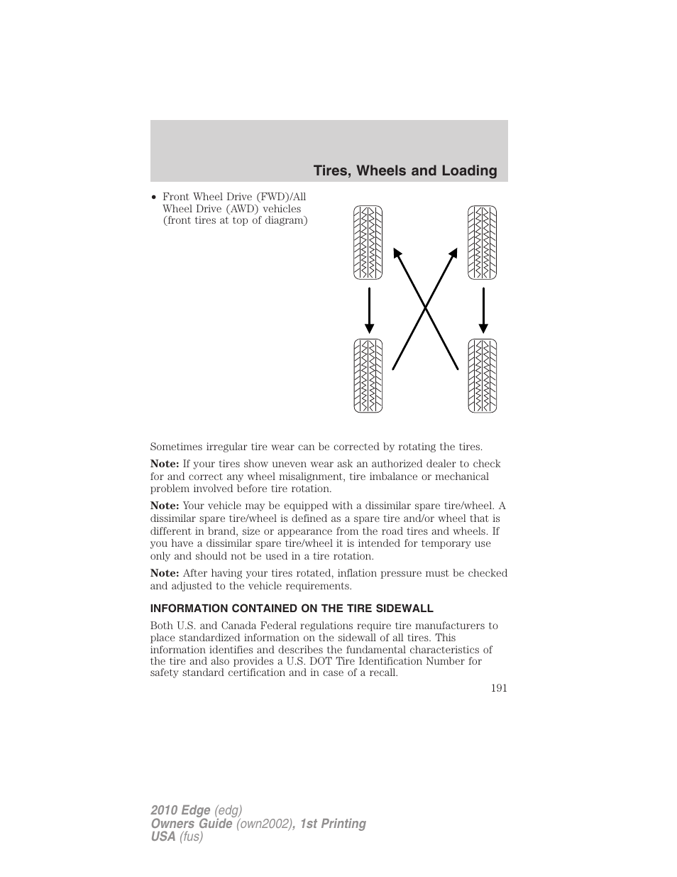 Information contained on the tire sidewall, Tires, wheels and loading | FORD 2010 Edge v.1 User Manual | Page 191 / 328