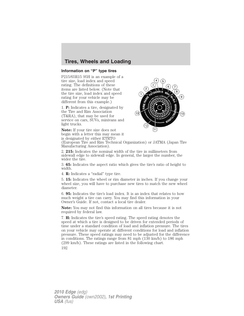 Information on “p” type tires, Tires, wheels and loading | FORD 2010 Edge v.1 User Manual | Page 192 / 328