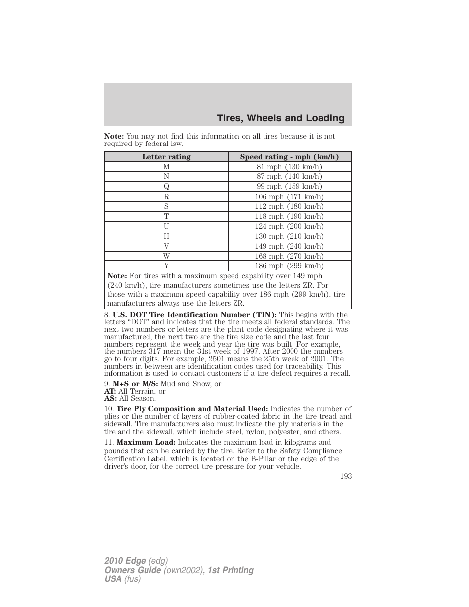 Tires, wheels and loading | FORD 2010 Edge v.1 User Manual | Page 193 / 328