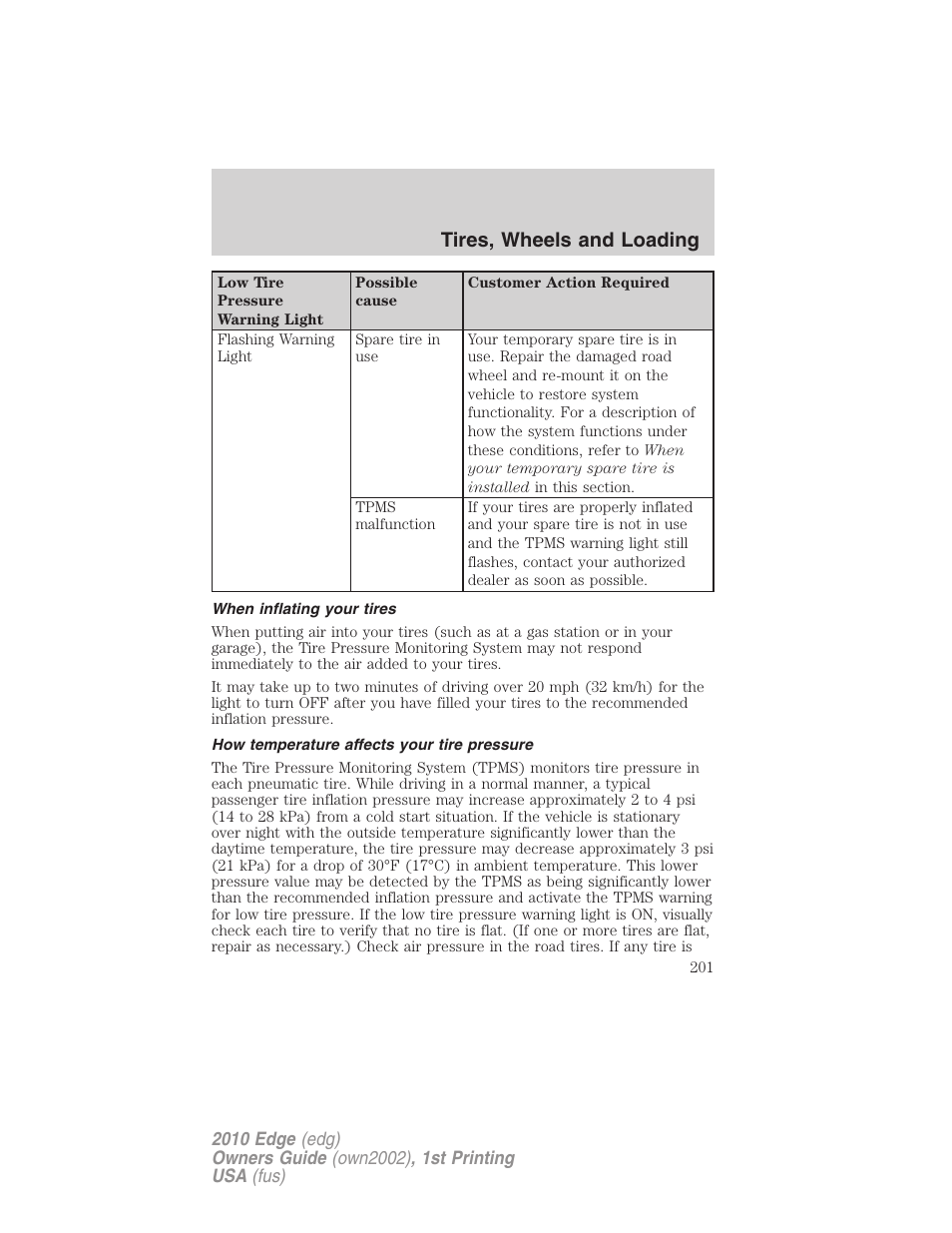 When inflating your tires, How temperature affects your tire pressure, Tires, wheels and loading | FORD 2010 Edge v.1 User Manual | Page 201 / 328