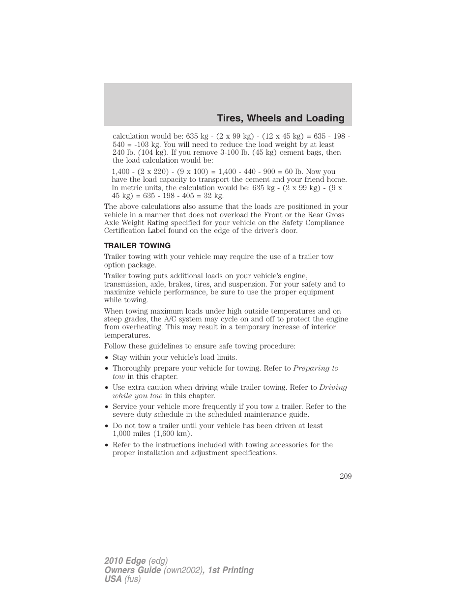 Trailer towing, Tires, wheels and loading | FORD 2010 Edge v.1 User Manual | Page 209 / 328