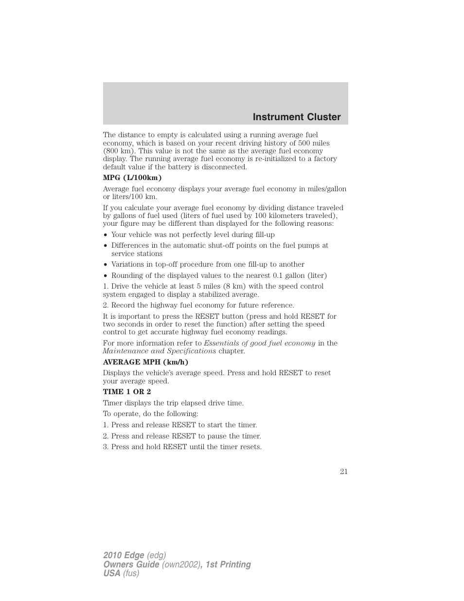 Instrument cluster | FORD 2010 Edge v.1 User Manual | Page 21 / 328