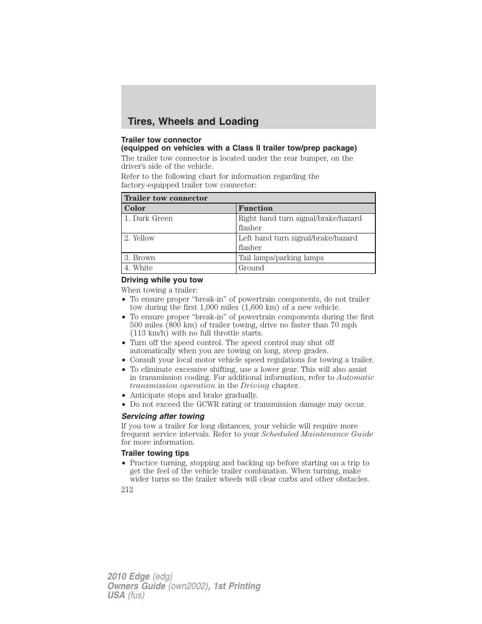 Driving while you tow, Servicing after towing, Trailer towing tips | Tires, wheels and loading | FORD 2010 Edge v.1 User Manual | Page 212 / 328