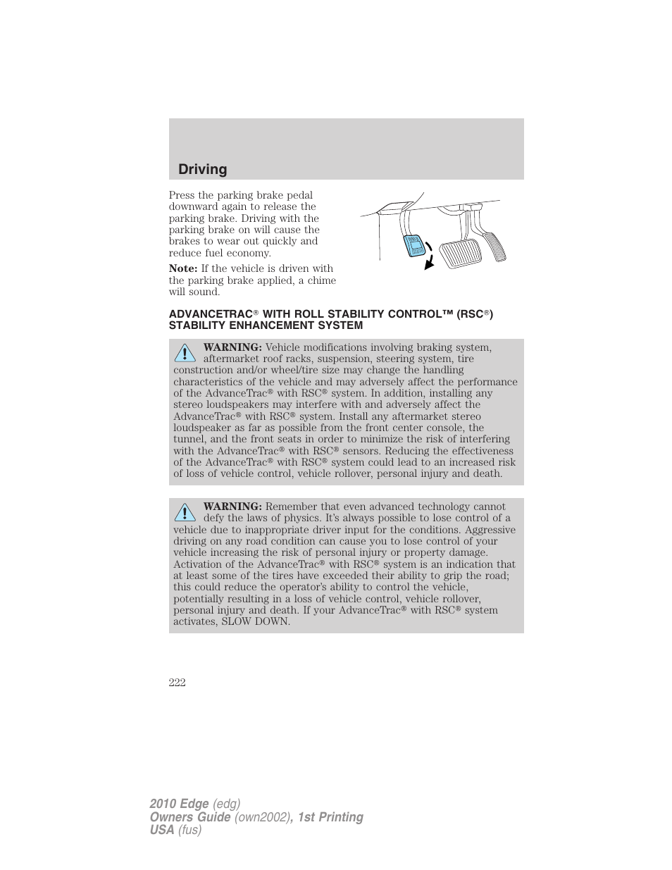 Advancetrac, Driving | FORD 2010 Edge v.1 User Manual | Page 222 / 328