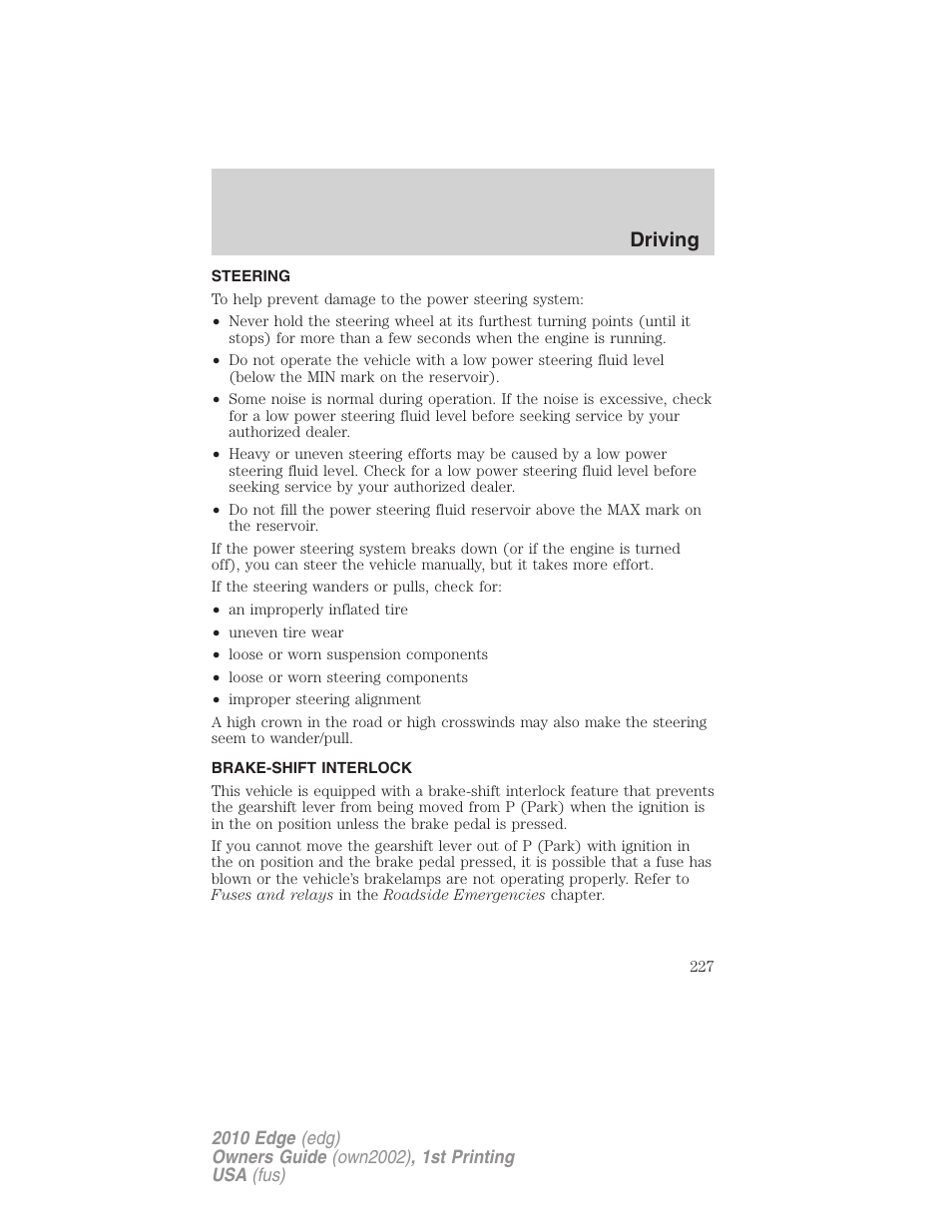 Steering, Brake-shift interlock, Driving | FORD 2010 Edge v.1 User Manual | Page 227 / 328