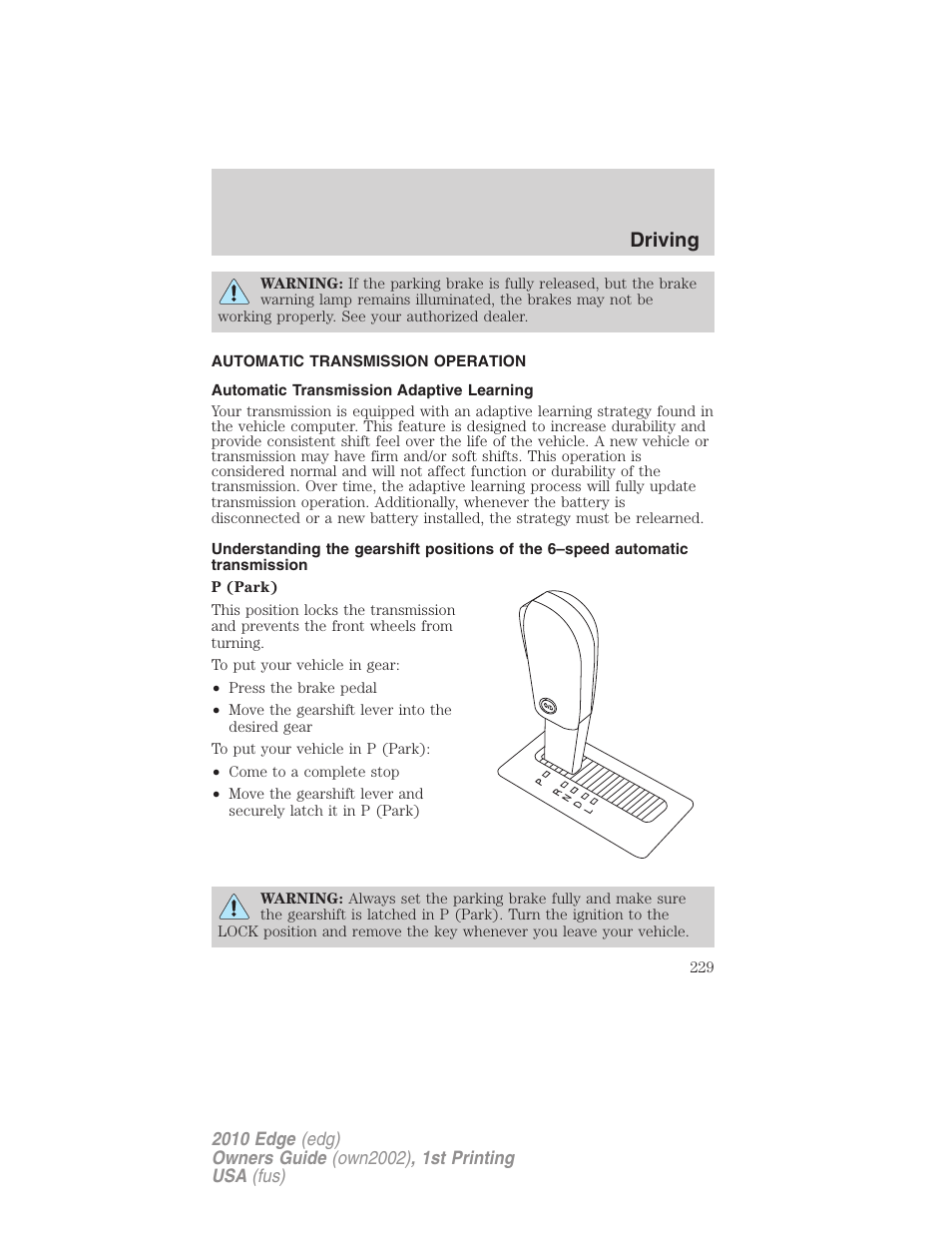 Automatic transmission operation, Automatic transmission adaptive learning, Transmission operation | Driving | FORD 2010 Edge v.1 User Manual | Page 229 / 328