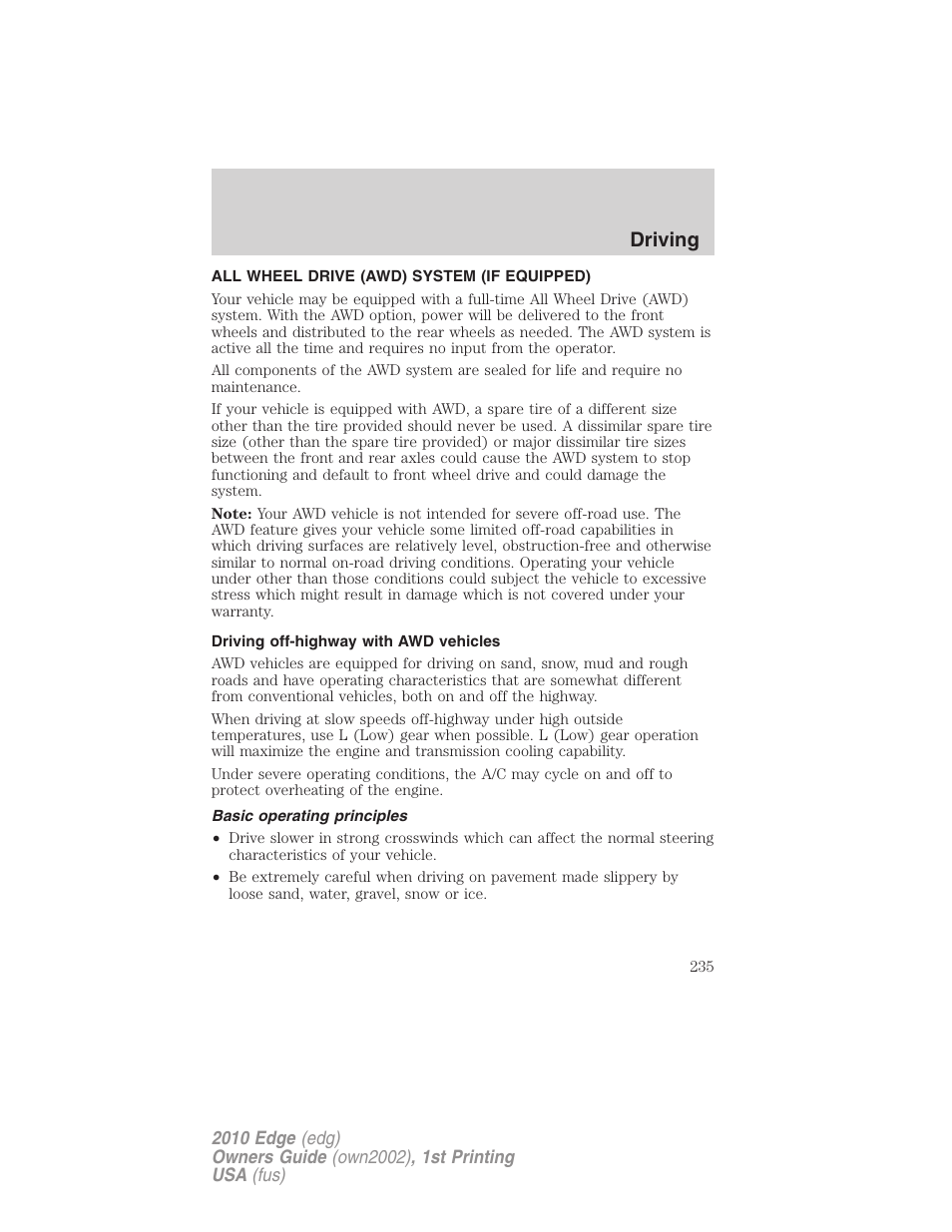 All wheel drive (awd) system (if equipped), Driving off-highway with awd vehicles, Basic operating principles | Driving | FORD 2010 Edge v.1 User Manual | Page 235 / 328