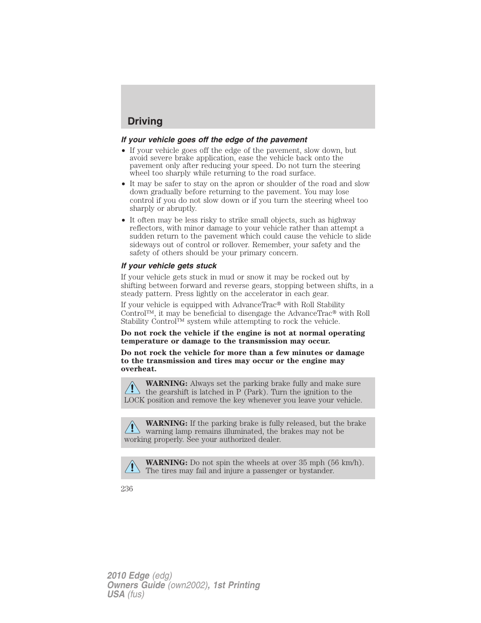 If your vehicle goes off the edge of the pavement, If your vehicle gets stuck, Driving | FORD 2010 Edge v.1 User Manual | Page 236 / 328