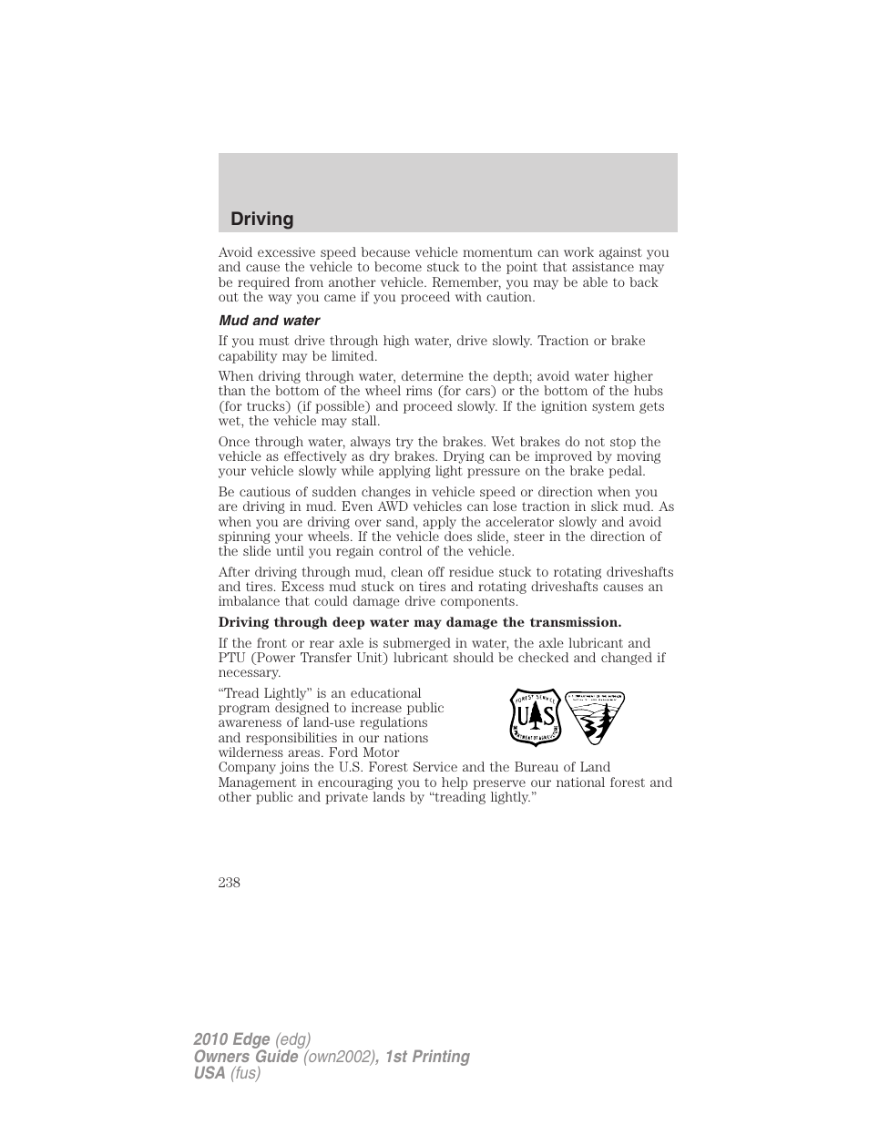 Mud and water, Driving | FORD 2010 Edge v.1 User Manual | Page 238 / 328