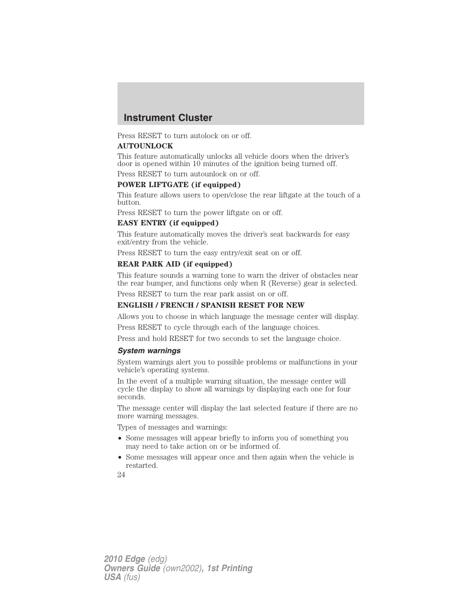 System warnings, Instrument cluster | FORD 2010 Edge v.1 User Manual | Page 24 / 328