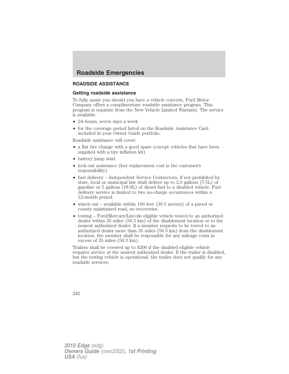 Roadside emergencies, Roadside assistance, Getting roadside assistance | FORD 2010 Edge v.1 User Manual | Page 242 / 328