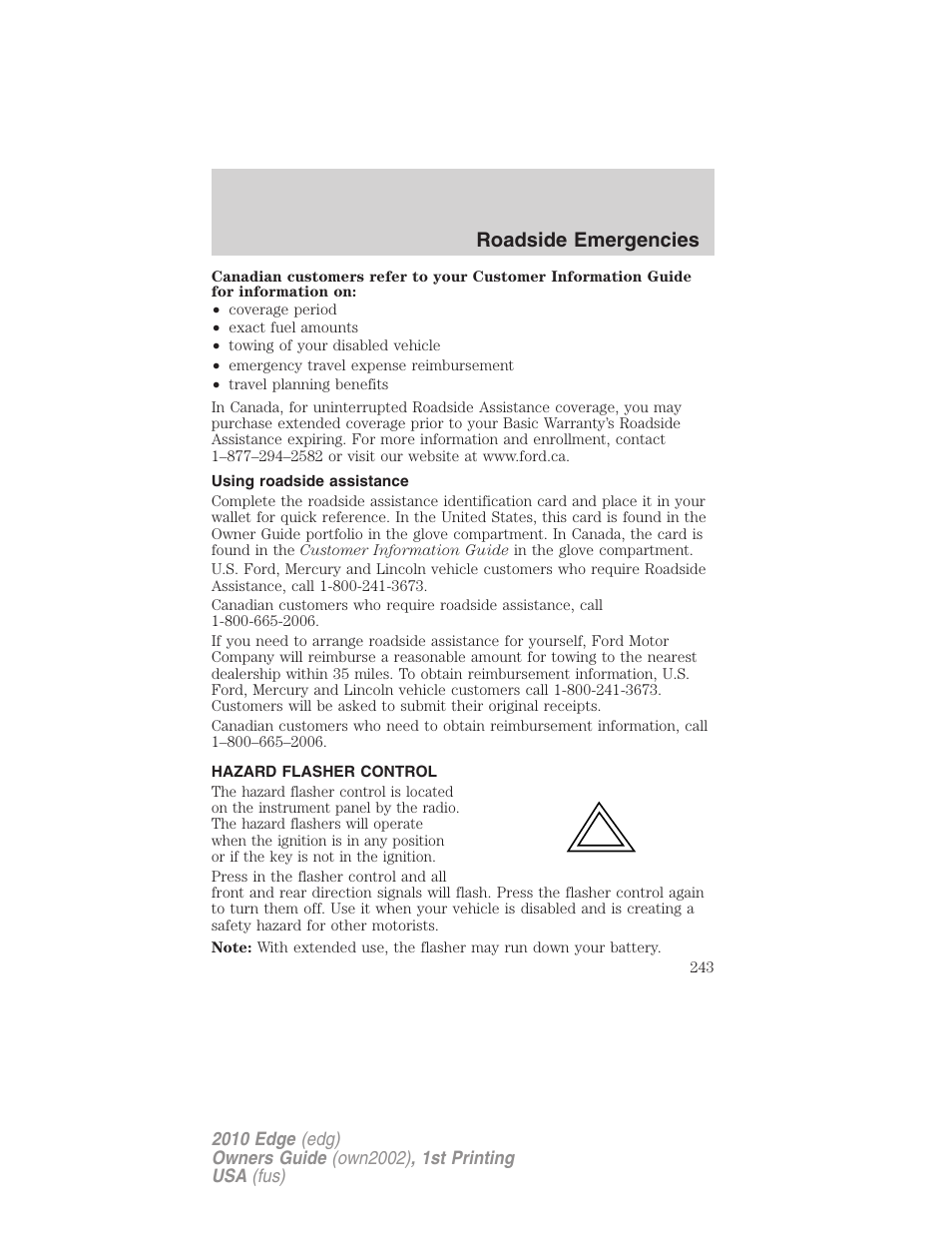 Using roadside assistance, Hazard flasher control, Roadside emergencies | FORD 2010 Edge v.1 User Manual | Page 243 / 328