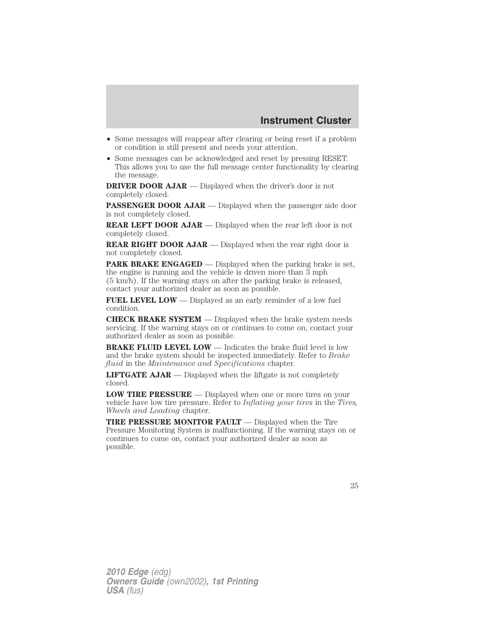 Instrument cluster | FORD 2010 Edge v.1 User Manual | Page 25 / 328